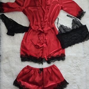 Luxurious Red Satin Robe Set with Black Lace
